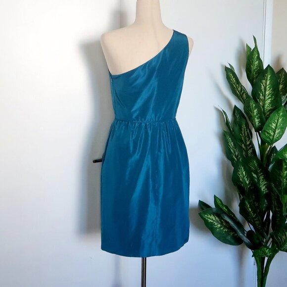 J. Crew Turquoise 100% Silk One Shoulder Sleeveless Pencil Mini Dress Size 4 - Picture 7 of 8